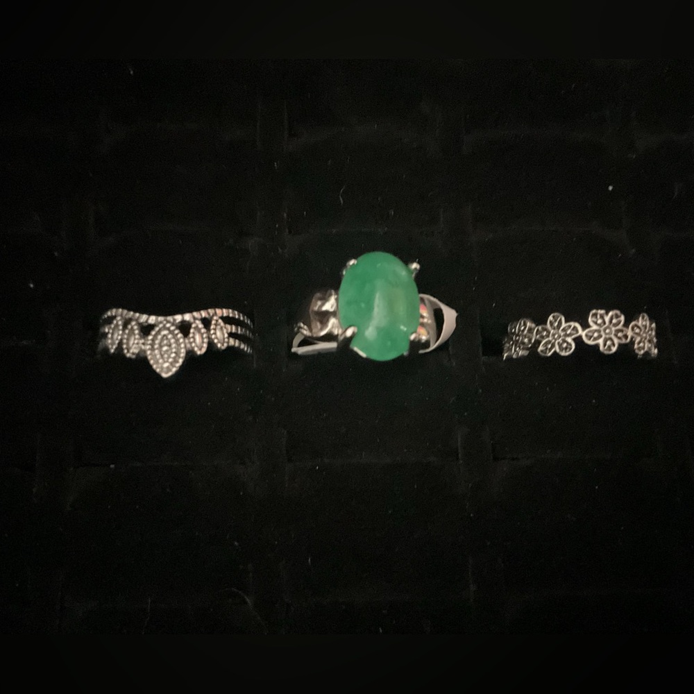 New x3 Silver Tone Rings Synthetic Emerald Green Jade Boho Fashion Set Size 5/6